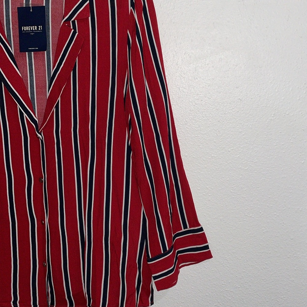 Women Red Striped Button Down Shirt - Picture 5 of 8